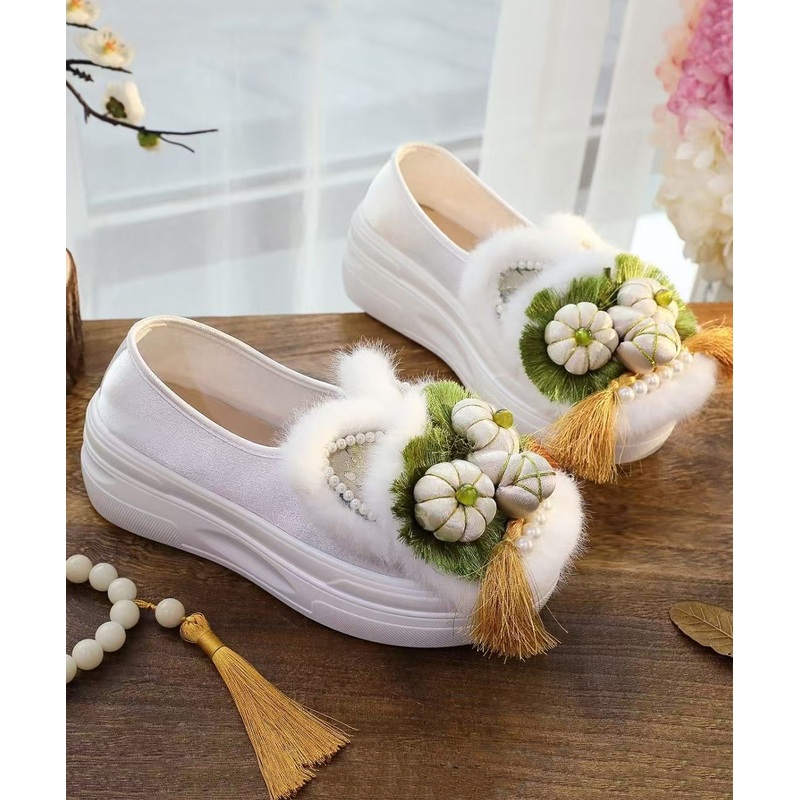 Original Design White Tassel Nail Bead Platform Shoes