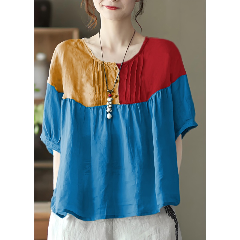 Plus Size Blue Geometry Grey Button Linen Tops Half Sleeve