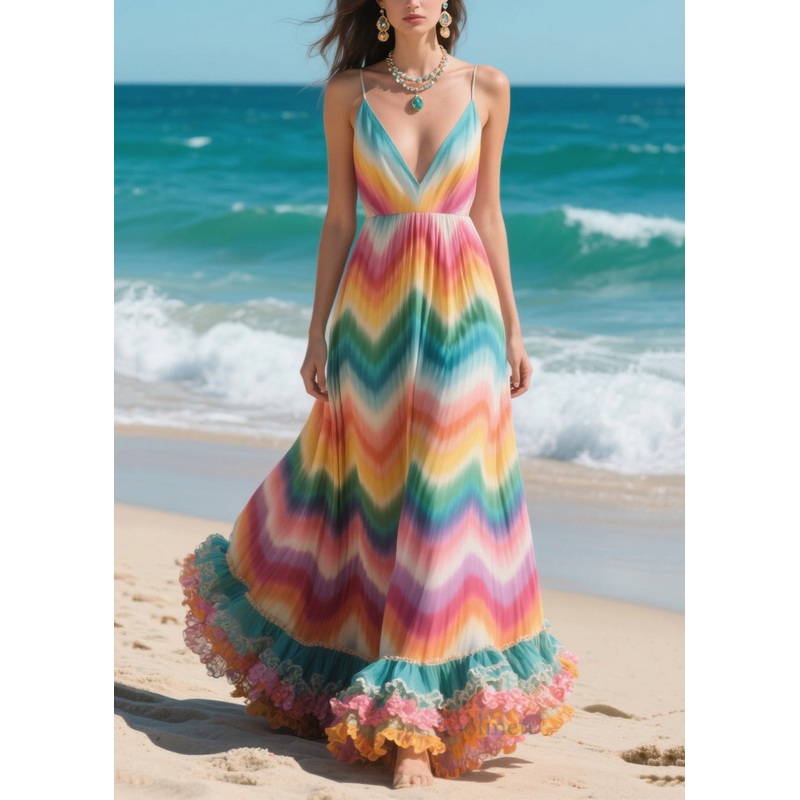 Rainbow Tie Dye Chiffon Cami Dress Ruffled Exra Large Hem Summer