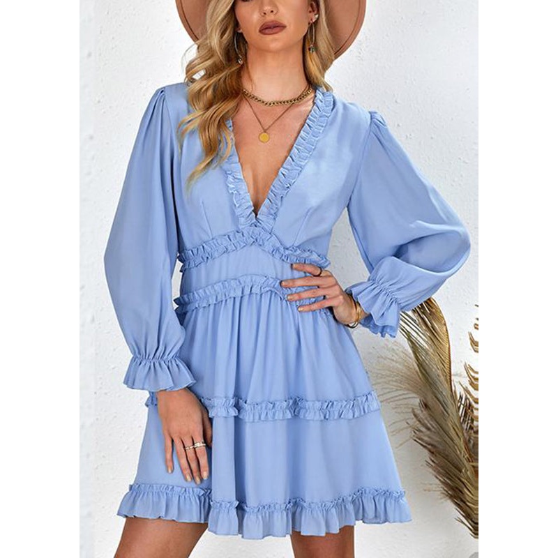 Sexy Light Blue Ruffled Patchwork Mid Dress Lantern Sleeve