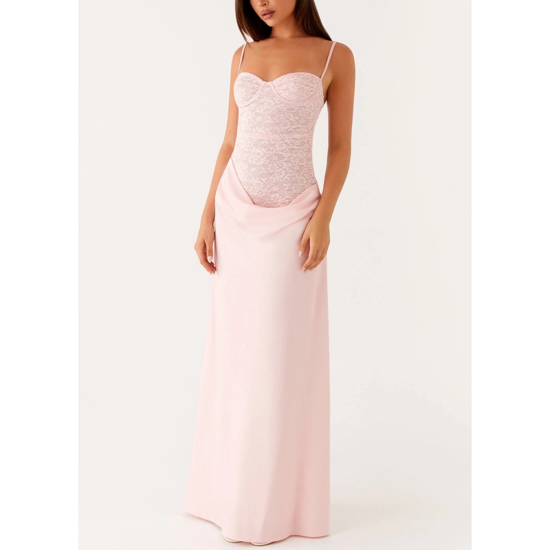 Slim Fit Pink Cold Shoulder Lace Patchwork Spaghetti Strap Dress Sleeveless