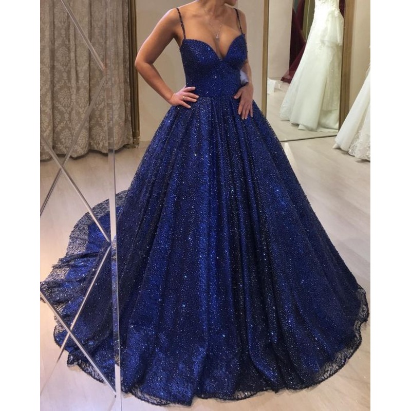 Spaghetti Straps Blue A Line Prom Dress Shining Formal Evening Dress 2161