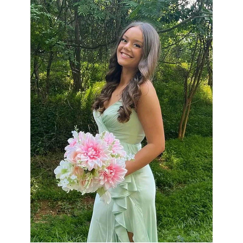 Spaghetti Straps Green Ruffle Long Party Prom Dresses Evening Dress J4616