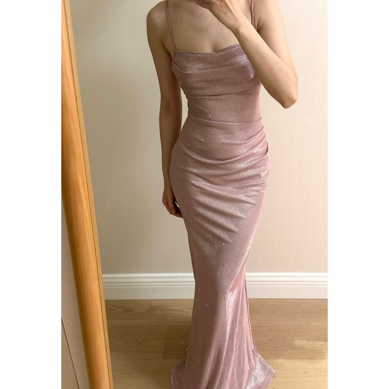 Spaghetti Straps Pink Mermaid Prom Dress Shiny Evening Dress J7726