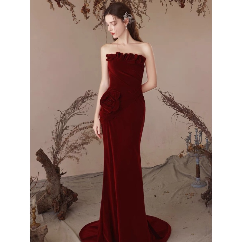Strapless Burgundy Mermaid Long Prom Dress Mermaid Evening Dress J3253