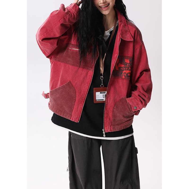 Streetwear Red Peter Pan Collar Pockets Patchwork Cotton Coats Spring