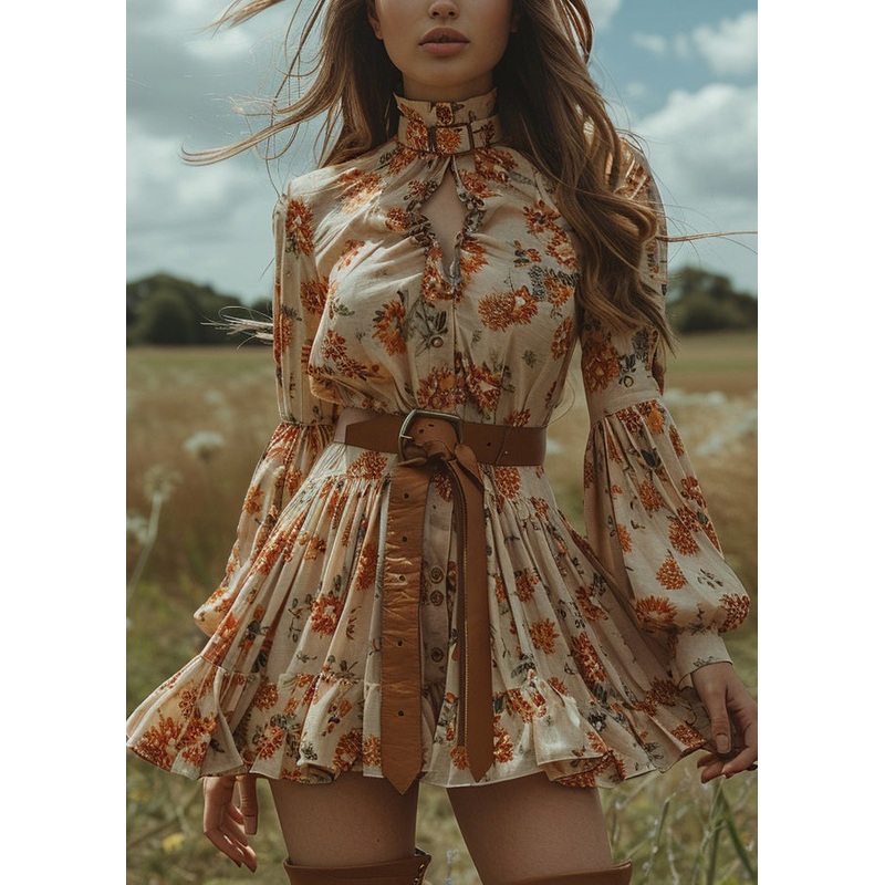 Style Ruffled Print Button Cotton Mini Dress Lantern Sleeve