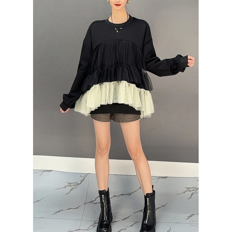 Stylish Black O-Neck Patchwork Wrinkled Shirt Spring