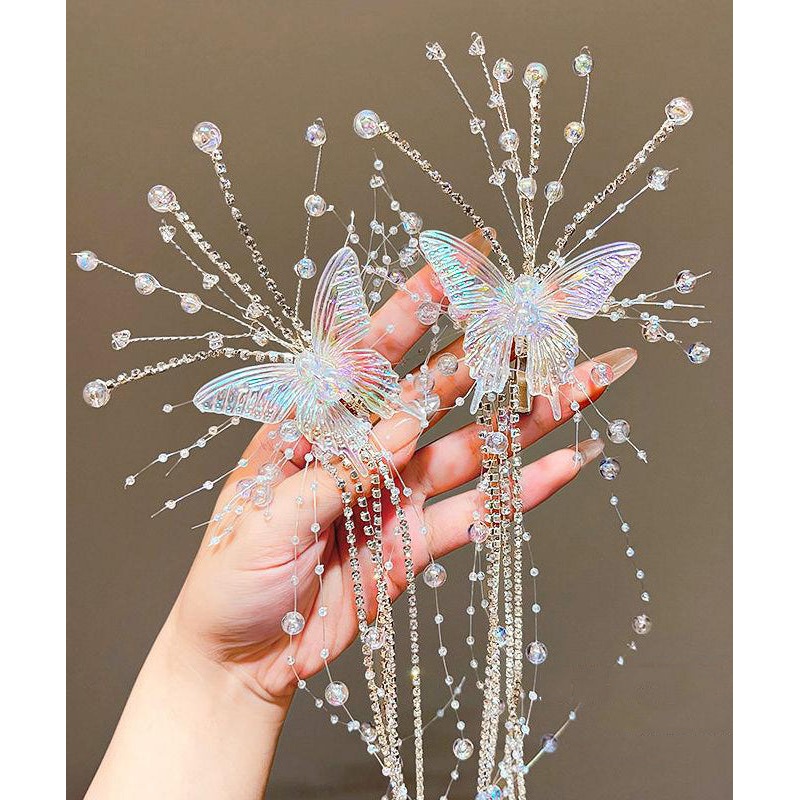 Unique Champagne Acrylic Butterfly Tassel Girls Hairpin
