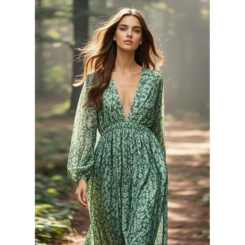 Unique Green V Neck Print Chiffon Dress Spring