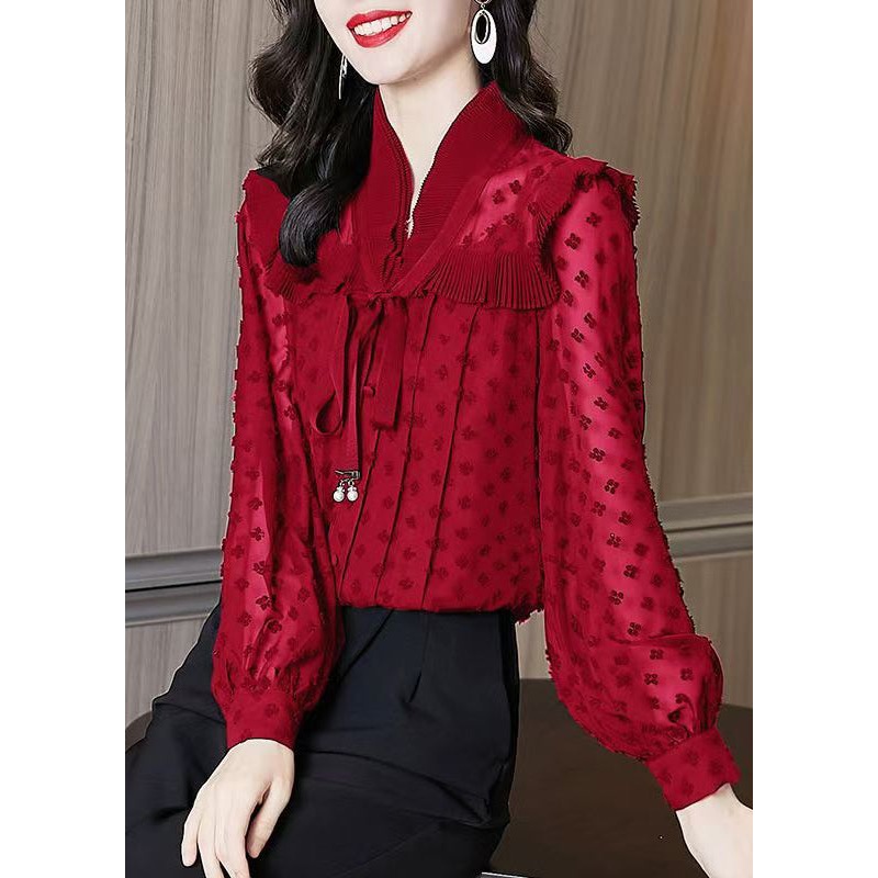 Unique Red Ruffled Jacquard Chiffon Shirts Lantern Sleeve