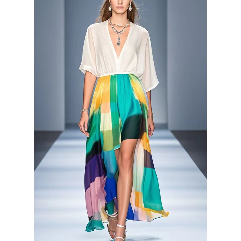White Patchwork Silk Dress Asymmetrical Design Print Summer
