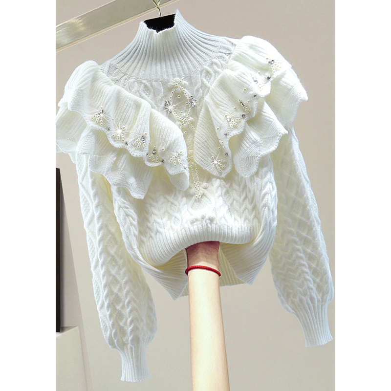 White Ruffled Patchwork Cotton Knit Sweater Lantern Sleeve