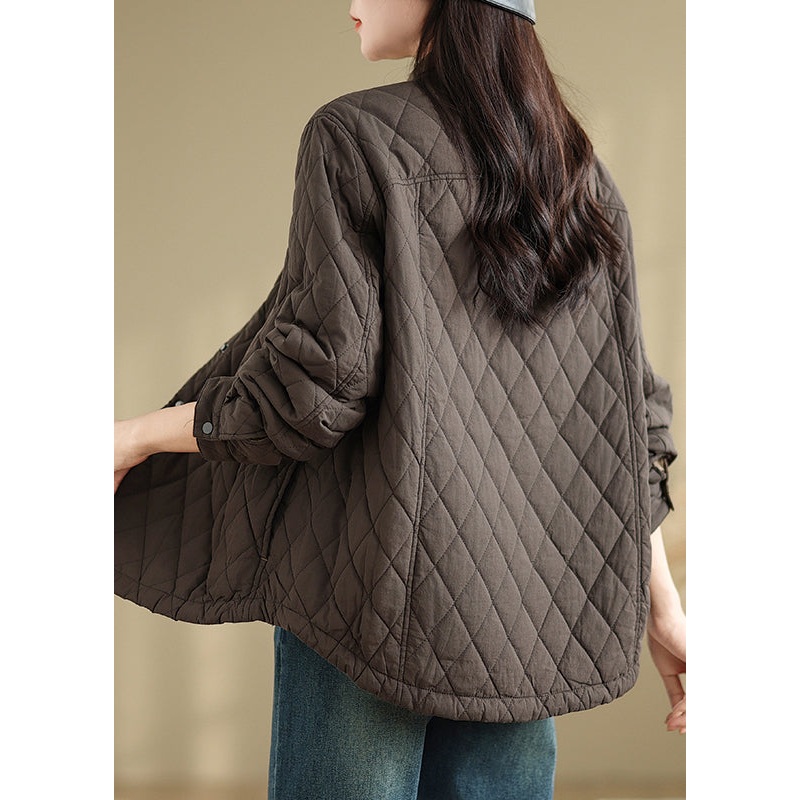 Women Coffee Stand Collar Pockets Fine Cotton Filled Jackets Spring