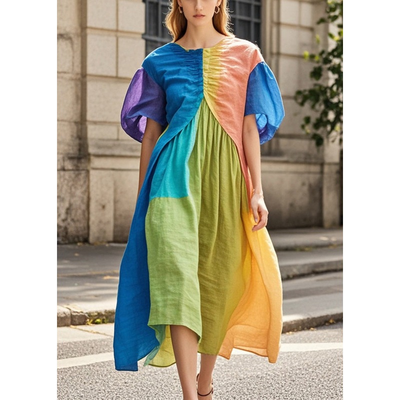 Women Colorblock Puff Sleeve Patchwork Wrinkled Cotton Long Dresses