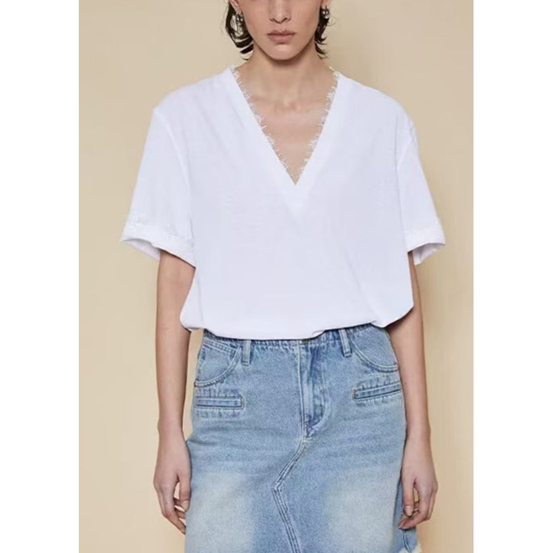 Women White V Neck Lace Patchwork Cotton T Shirt Summer