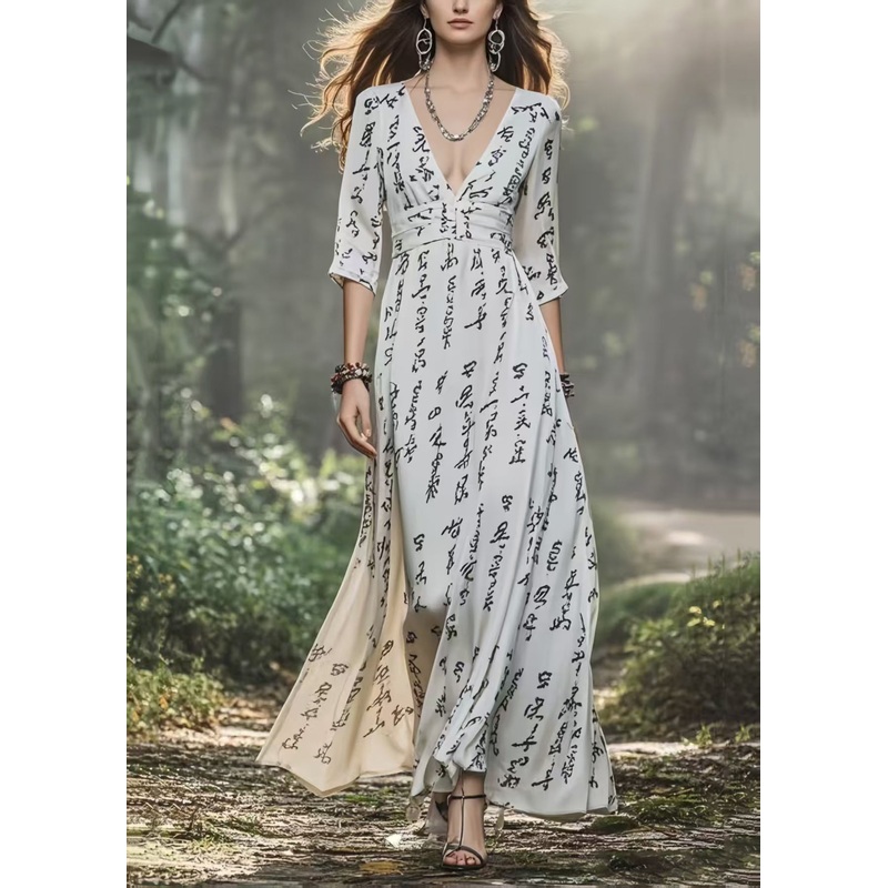 Women White V Neck Print Chiffon Dress Bracelet Sleeve