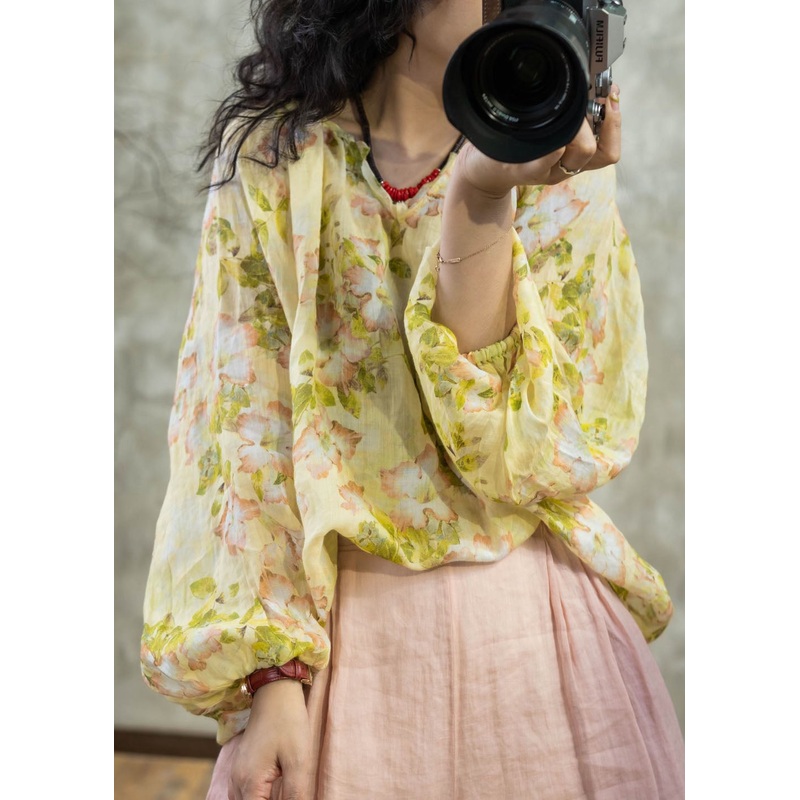 Women Yellow O Neck Print Linen Shirt Tops Lantern Sleeve