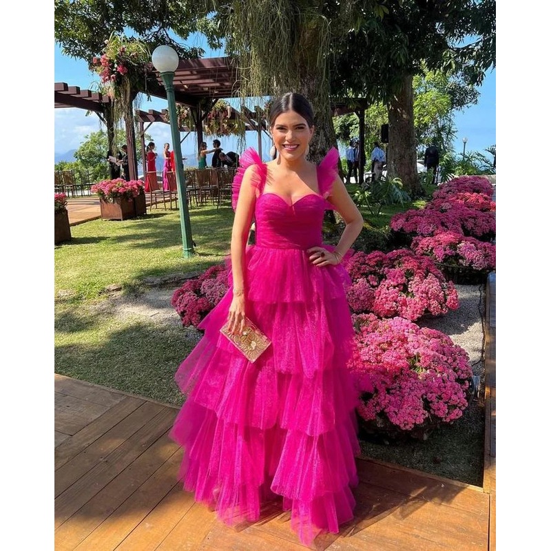 A Line Tulle Layered Long Prom Dress Wedding Guest Dress J4873