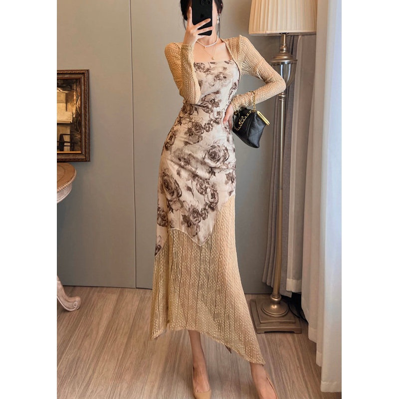 Art Apricot Print Patchwork Side Open Long Dress Summer