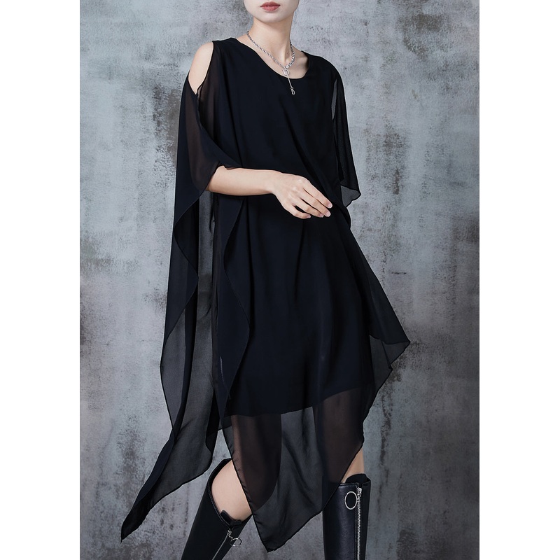 Art Black Asymmetrical Draping Chiffon Mid Dress Summer
