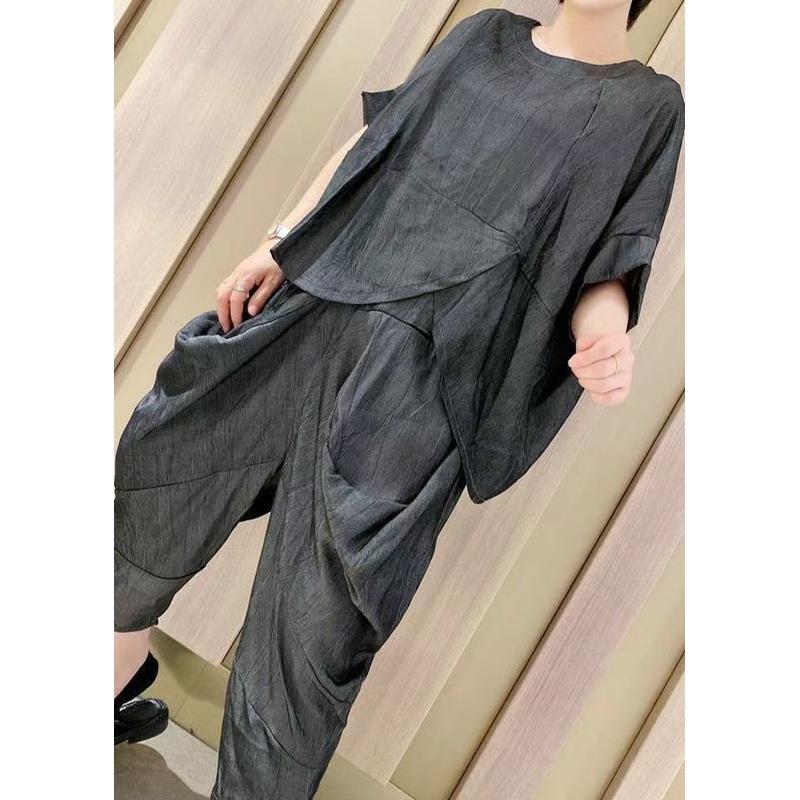 Art Black Asymmetrical Wrinkled Loose Two Pieces Set Summer