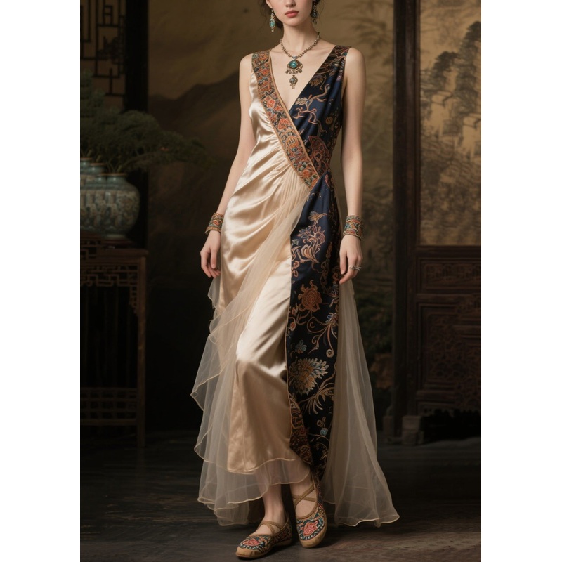 Art Champagne Asymmetrical Patchwork Silk Dinner Dress Summer
