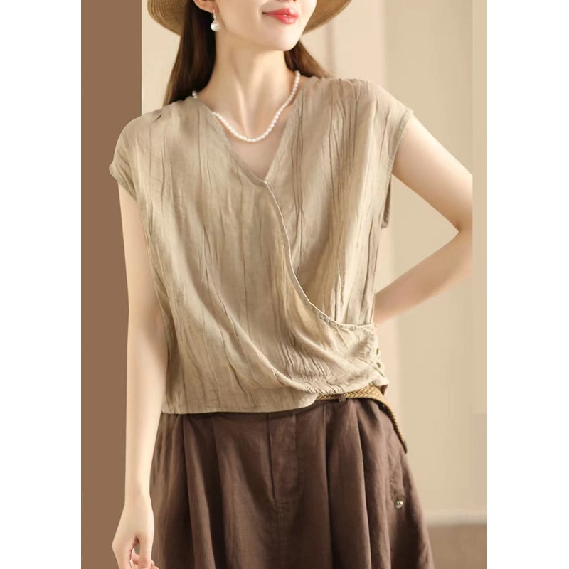 Art Khaki V Neck Wrinkled Cotton T Shirt Sleeveless