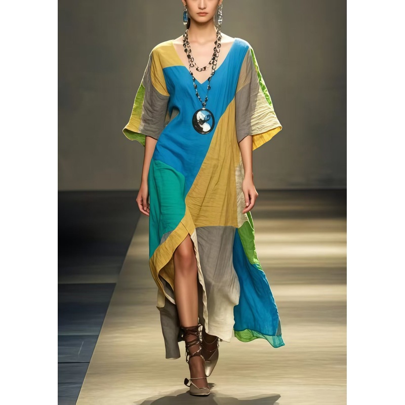 Art Polychrome Asymmetrical Patchwork Applique Cotton Long Dress Summer