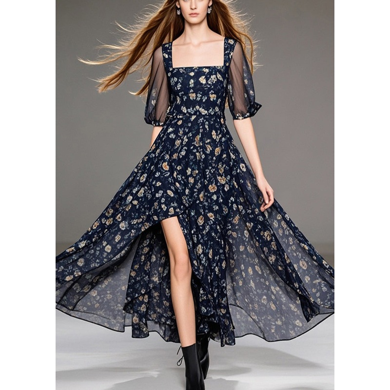 Black Print Chiffon Vacation Dresses Square Collar Side Open Summer