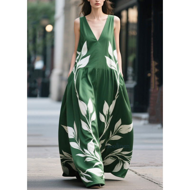 Bohemian Green Oversized Print Chiffon Maxi Dress Summer