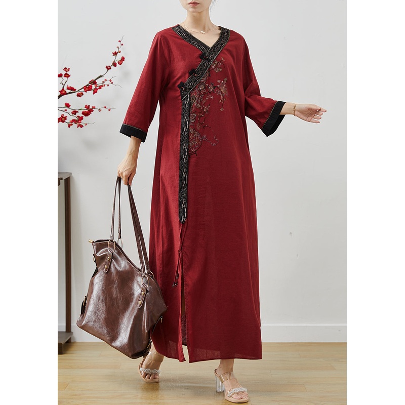 Bohemian Mulberry Embroidered Tasseled Linen Holiday Dress Summer