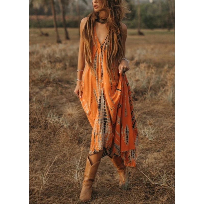Bohemian Orange V Neck Print Cotton Long Dress Sleeveless