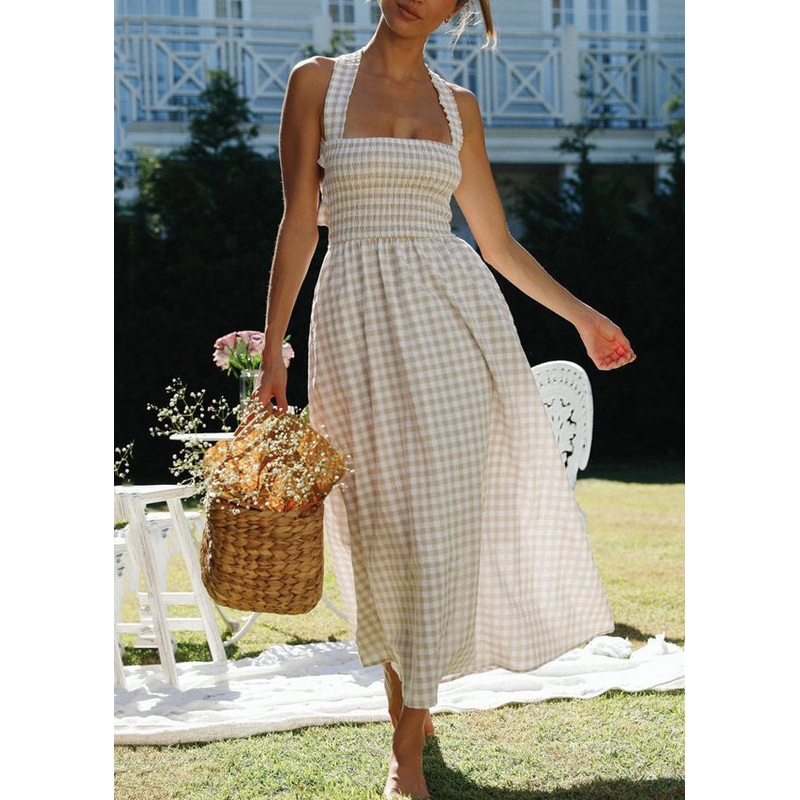 Bohemian Plaid Backless Lace Up Cotton Long Dresses Sleeveless