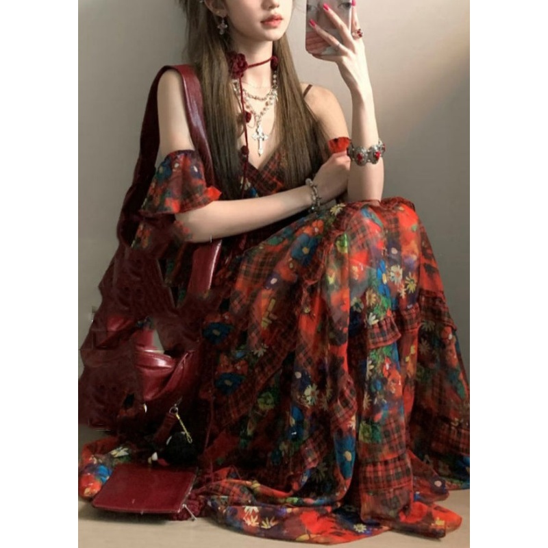 Bohemian Red V Neck Print Holiday Long Dresses Summer