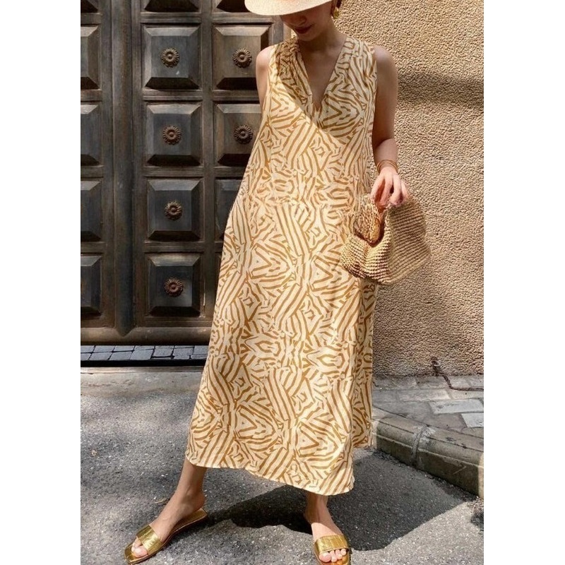 Bohemian Yellow V Neck Print Cotton Vacation Dress Sleeveless