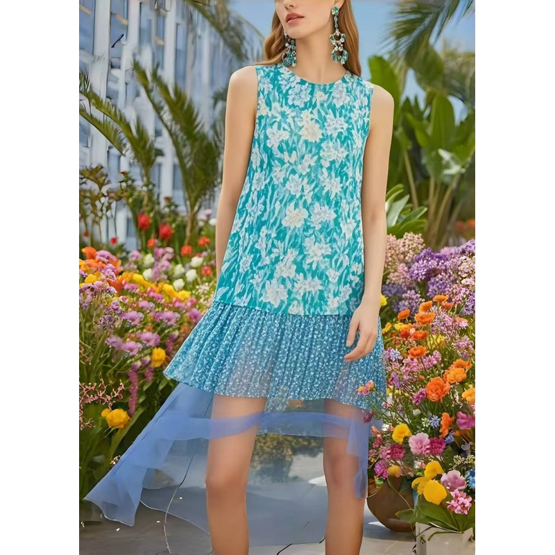 Boho Blue Print Patchwork Chiffon Holiday Dress Low High Design Sleeveless
