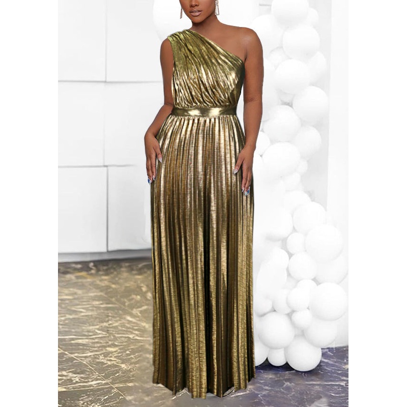 Boho Brown One Shoulder Cinched Pleated Party Dress Summer