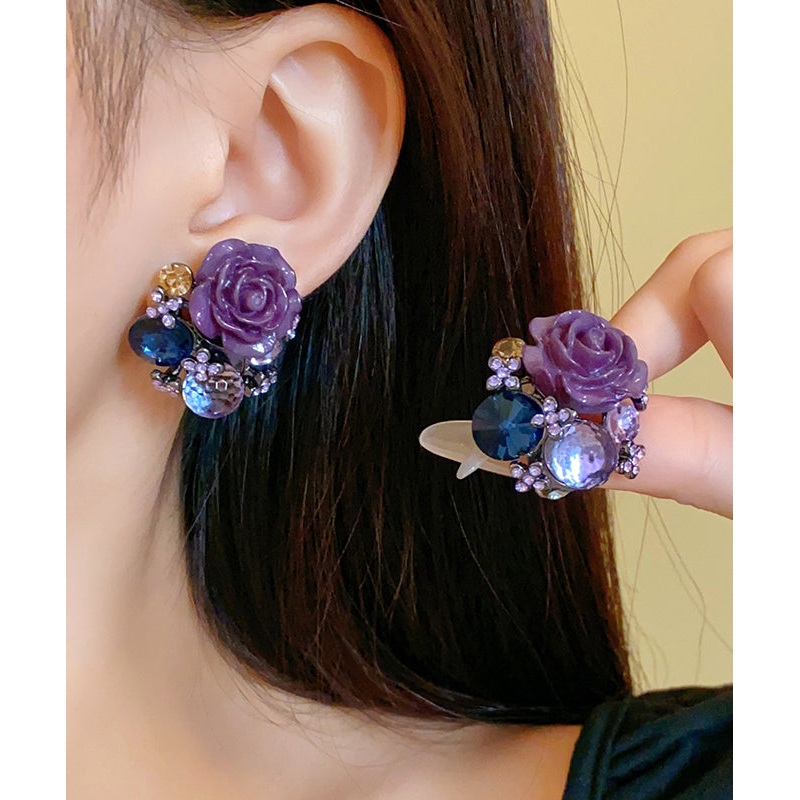 Boho Purple Alloy Zircon Resin Floral Glass Stud Earrings