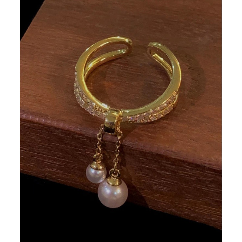 Boutique Gold Copper Overgild Zircon Pearl Tassel Double Layer Open Rings