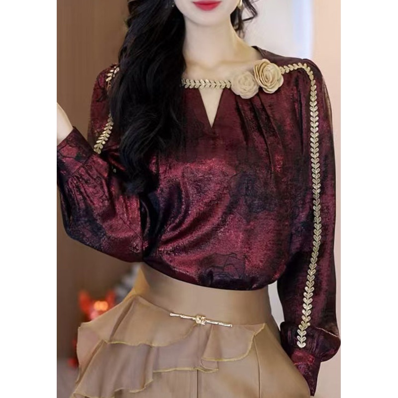 Boutique Mulberry O-Neck Floral Silk Shirt Tops Spring