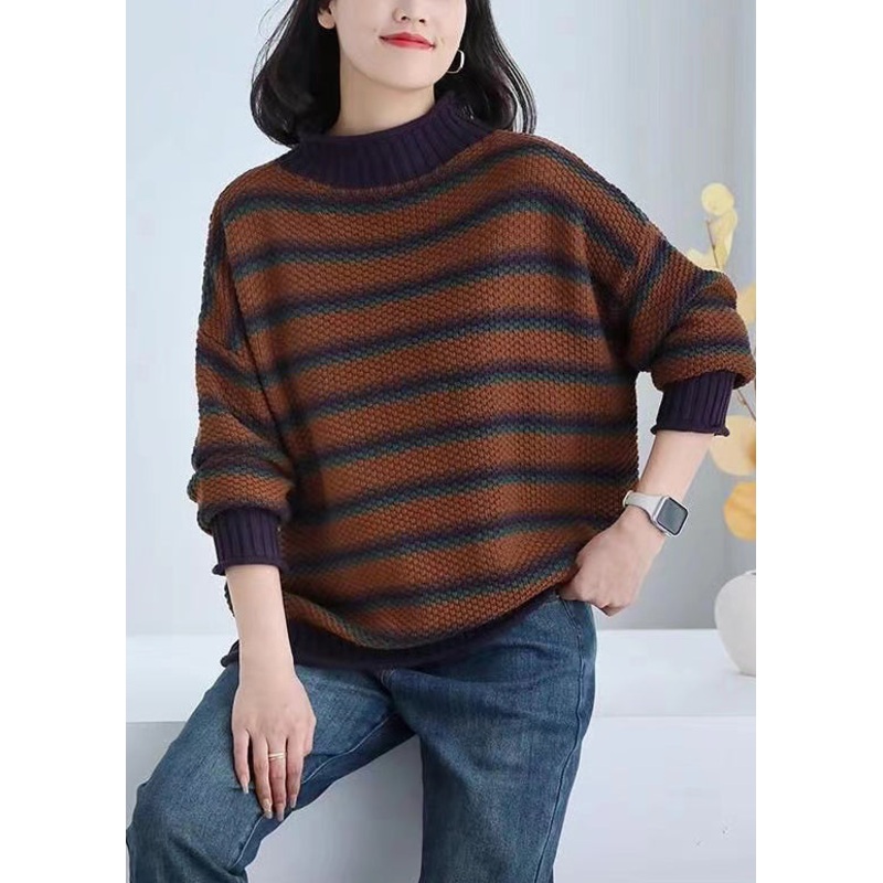 Casual Brown Oversized Striped Knitted Tops Spring