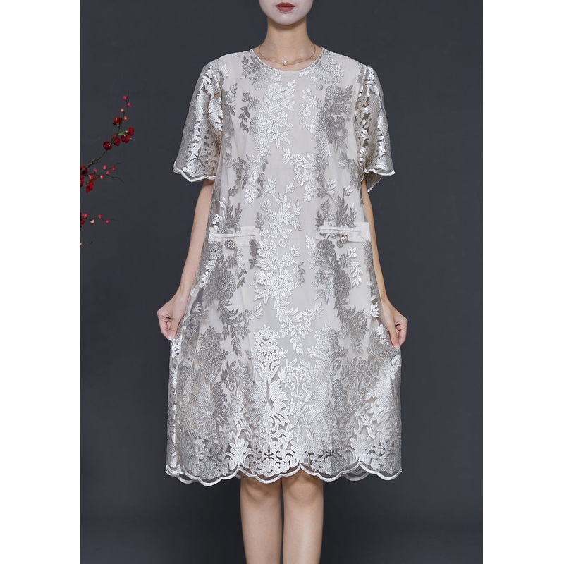 Champagne Silk Day Dress Embroidered Summer