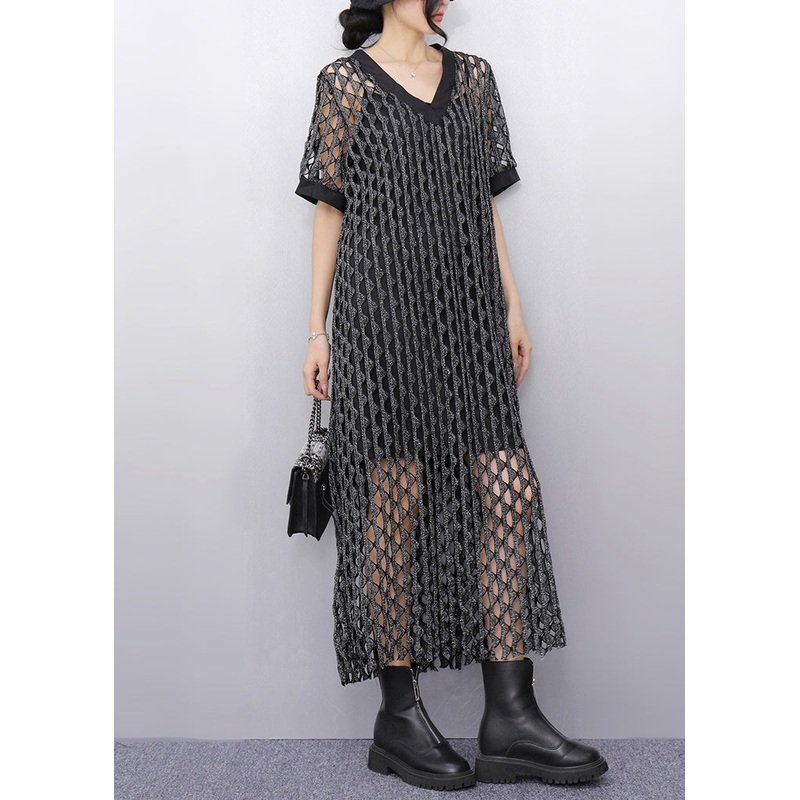 Charcoal Grey Silm Tulle Long Smock Hollow Out Summer
