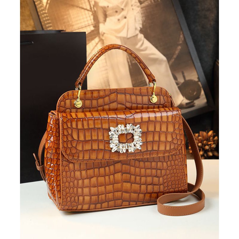 Chic Orange Zircon Embossed Calf Leather Tote Handbag