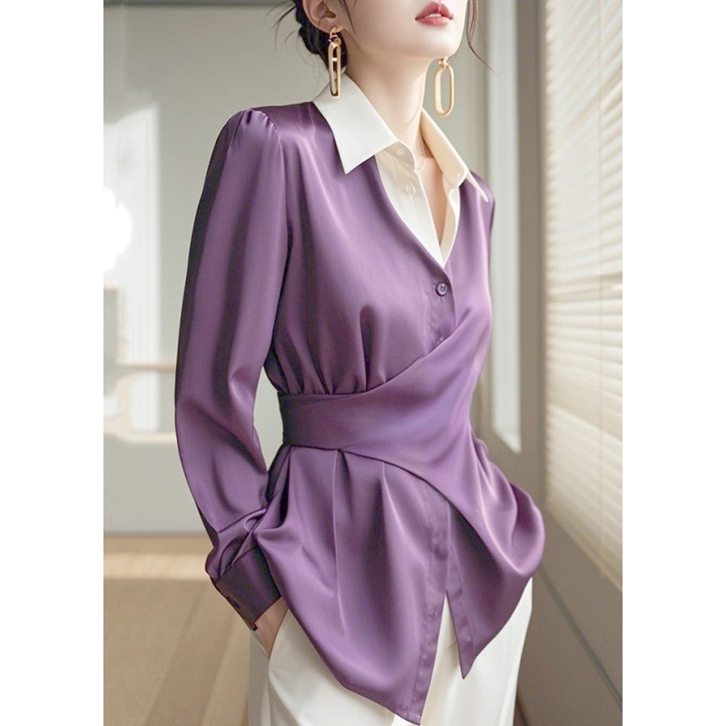 Chic Purple Peter Pan Collar Asymmetrical Design Silk Shirts Spring