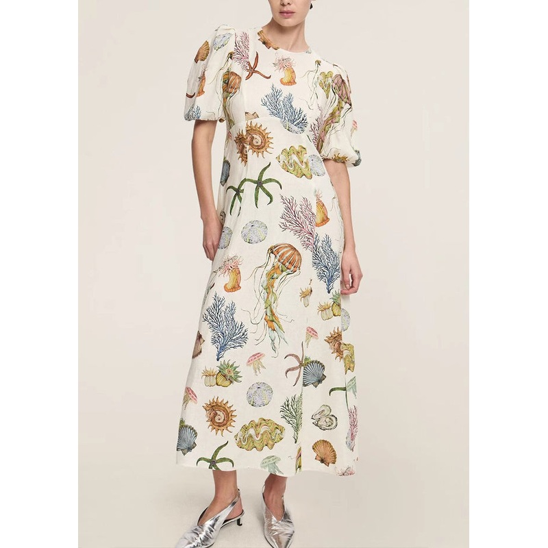 Classy O-Neck Print Tunic Long Dress Short Sleeve