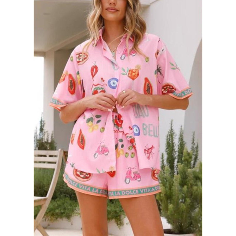 Cute Pink Peter Pan Collar Shirts And Shorts Two Pieces Set Short Sleeve