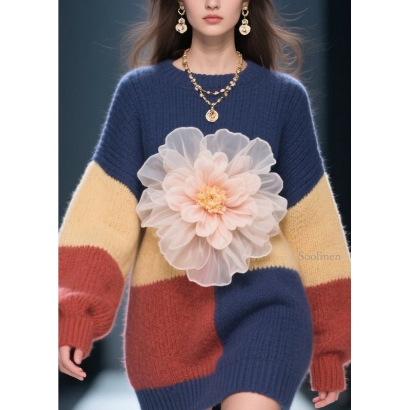 DIY Colorblock O Neck Floral Patchwork Knitwear Dress Fall