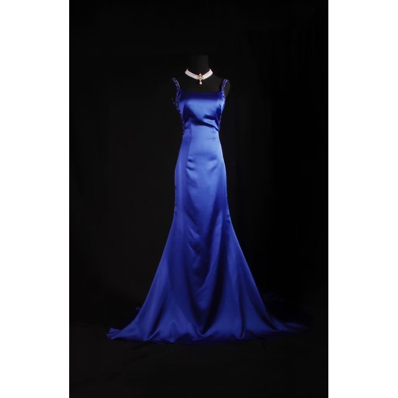 Elegant Backless Long Prom Dress Royal Blue Beaded Evening Dress J8048